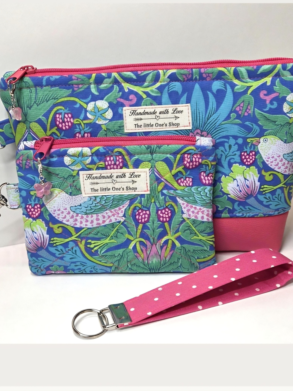 Handmade Blue & Pink Bird Print Wristlet Pouch Set -